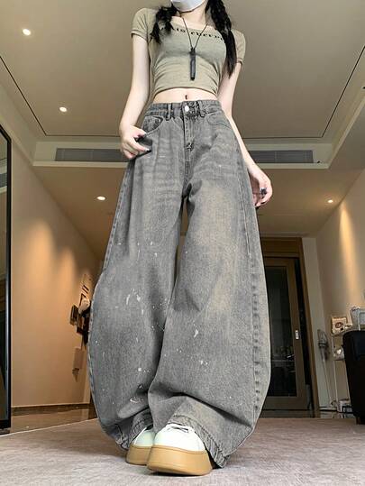 Solid Color Splatter Paint Distressed Baggy Jeans