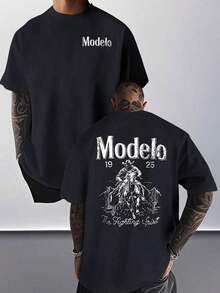 [Sporty T-Shirt]1pc Modelo Graphic Print Men's 100% Cotton T-Shirt,  Casual Sports Style Top T-Shirt,  Fashionable Street Style, Suitable For Travel And Sports WearRelaxed Plus Size T-Shirt - 黑色 - 查看 7