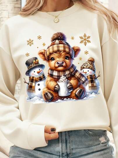 Cute Highland Cow & Christmas Tree Print Loose Fit Crew Neck Long SleevT-Shirtrt For Women, Suitable For Christmas, New Year, Thanksgiving