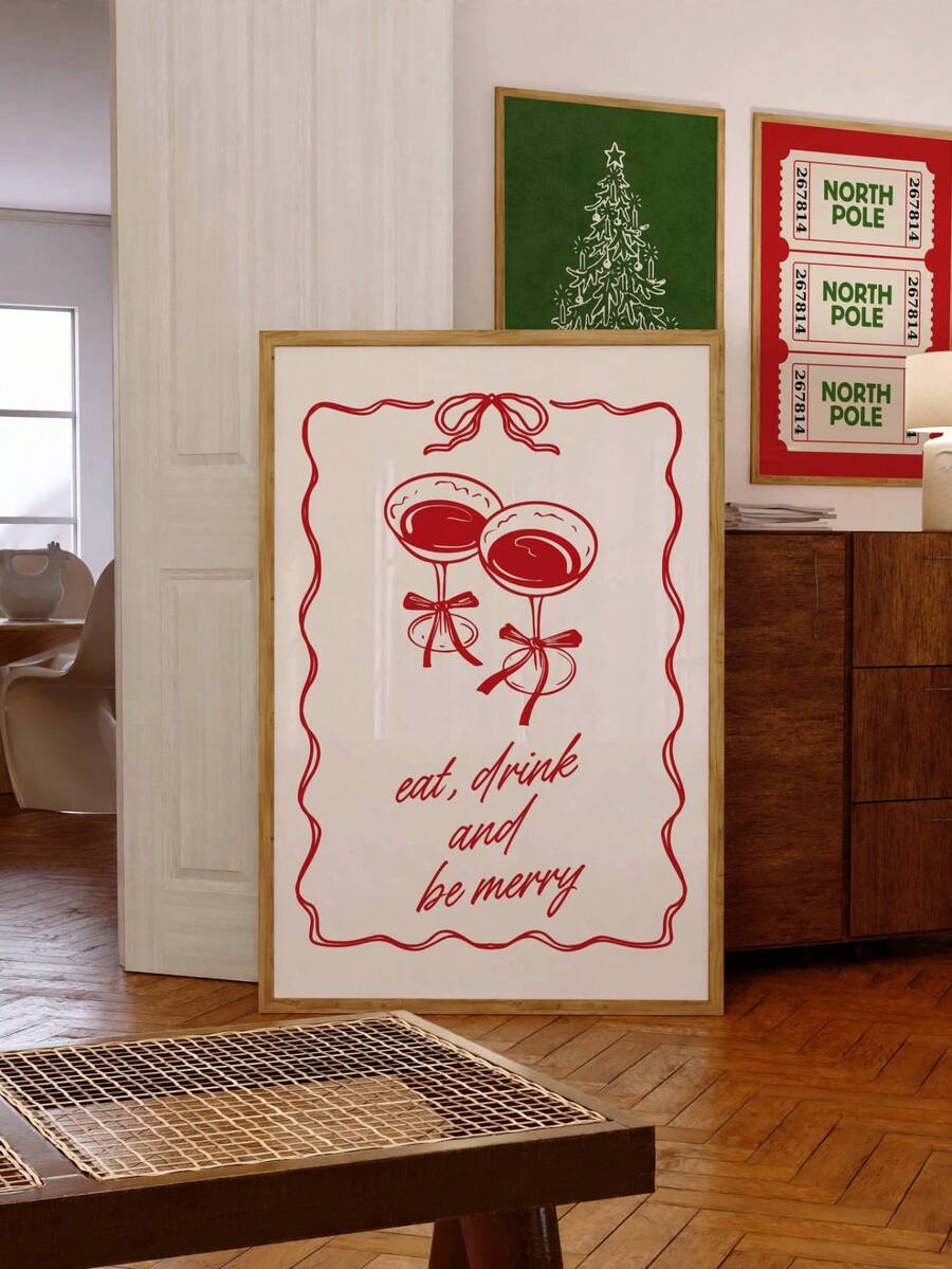 1pc Frameless Bar Cart Christmas Art Print, Eat Drink Be Merry Holiday Poster, Festive Cocktail Party Wall Decor, Vintage Style Digital Print For Kitchen, Dining Room & Dorm | Ready To Hang Party Gift - Multicolor - View 1