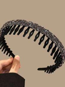 Flocked Rhinestone Hair Band & Clip For Adults, Hair Styling Tool For Facial Cleansing, Washing, Fixing Fringes. Valentine's Day Accessories,Wedding Hair Accessories - Black - View 4