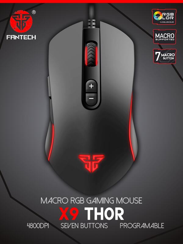 FANTECH FANTECH Wired Gaming Mouse, RGB 6 Macro Buttons Programmable True 4800 DPI Claw Grip Comfort Beginner Gaming Mouse For Window PC, 6ft Cord, Precise Gaming Optical Sensor, Black