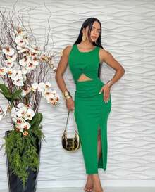 Vestido Midi Feminina Decote Redondo Justo Com Fenda Lateral Simples Assimétrico Dividido Vazado Alças Largas