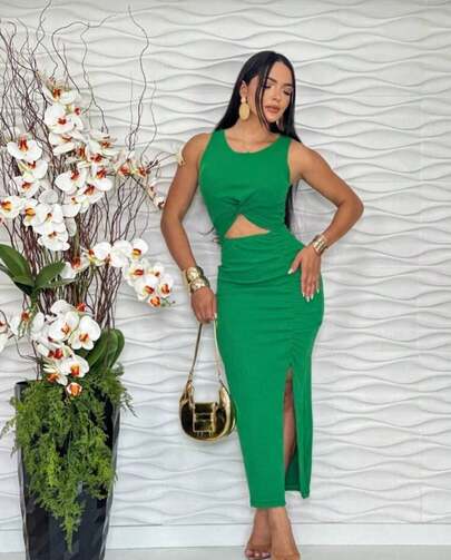 Vestido Midi Feminina Decote Redondo Justo Com Fenda Lateral Simples Assimétrico Dividido Vazado Alças Largas