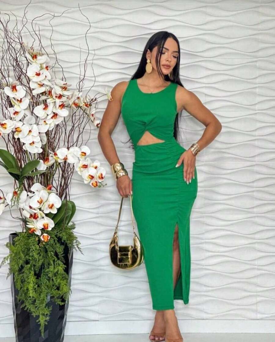 Vestido Midi Feminina Decote Redondo Justo Com Fenda Lateral Simples Assimétrico Dividido Vazado Alças Largas
