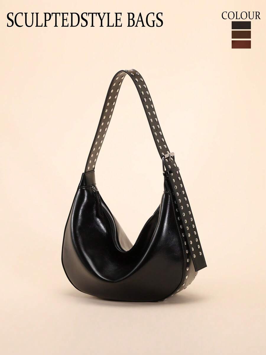 1 Túi đeo vai PU màu trơn, Túi xe máy khảm đinh tán cá nhân hóa thời trang Châu Âu và Mỹ, Túi xách nữ, SoSlouchyyle, Túi đựng bánh bao dung tích lớn, Phong cách Punk sành điệu, Thích hợp cho các buổi đi chơi hàng ngày, chụp ảnh đường phố và hẹn hò - Nhiều màu - Xem 1