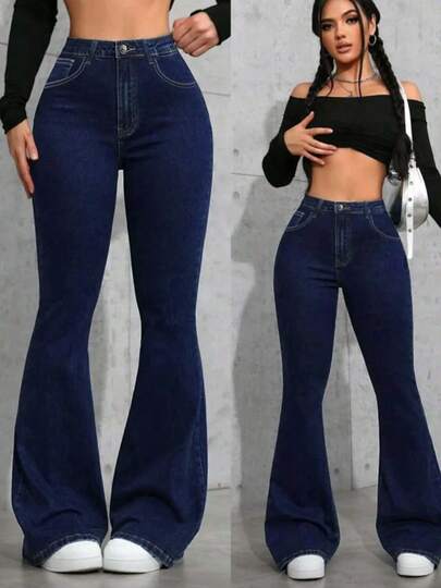 Vaqueros largos acampanados informales y sexys de mezclilla elástica de alta elasticidad para mujer con bolsillo con botón y detalles de cremallera