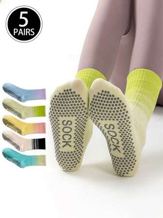 5 pares (colores aleatorios) de calcetines de yoga con degradado de color antideslizantes, calcetines deportivos de compresión de colores para mujer en otoño/invierno, calcetines hasta la pantorrilla, transpirables y resistentes al olor para pilates y fitness