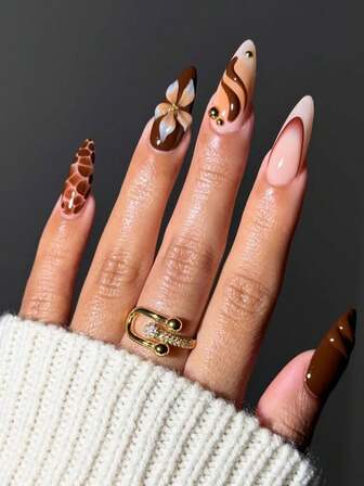 立即提升您的外观，24 件/套法式中长杏仁形棕色花卉 3D 条纹豹纹扎染 3D 珍珠装饰独特设计 - 可拆卸可重复使用的按压式指甲尖，增添一丝浪漫气息，让您看起来更甜美，适合派对、约会和日常穿着