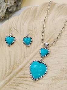 1 Set de collar con colgante en forma de corazón y aretes con incrustaciones de turquesa en estilo occidental, adecuado para uso diario, vacaciones, viajes, garantizado para recibir cumplidos de amigos