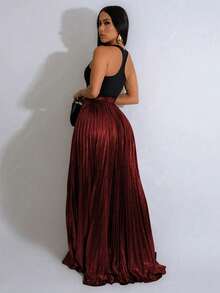 Women's Metallic Pleated High Slit Skirt, Summer Fashion - Burgundy - View 2