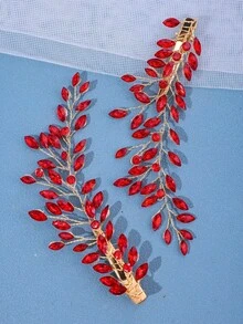 2件套女士奢华水钻发夹，浪漫紫色水晶边发夹和亮丽紫红色头饰，适合正式礼服、婚礼、情人节等场合佩戴。 - 紅色 - 查看 4