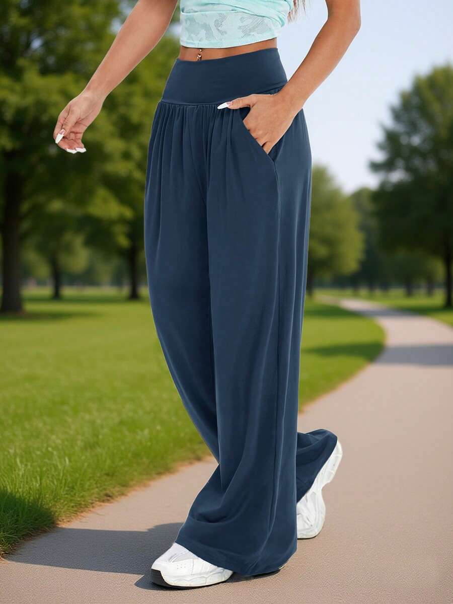 Quần ống đứng cạp chun màu trơn dành cho nữ, thích hợp cho các hoạt động thể thao ngoài trời, tập thể dục, yoga, đi bộ đường dài, mọi mùa - Màu xanh hải quân - Xem 1