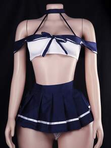 Japanese Style Sailor Lingerie - White Lace Stockings With Pleated Skirt Set, Classic Schoolgirl Roleplay Outfit - 藏蓝色 - 查看 1