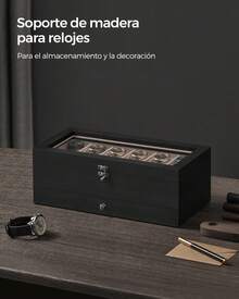 SONGMICS Caja de Relojes con 12 Ranuras, Estuche de Relojes de Madera de 2 Niveles con Tapa de Cristal, Almohadillas, Forro de Terciopelo, Regalo de Seres Queridos, Negro Ébano - Negro - Ver 6