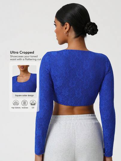 Sodalemon Women Square Neck Fitness Gym Wear Long Sleeve Lace Elastic Training Athletic Top Casual Outdoor Sport Crop T-Shirt