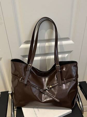 New Coffee Color Fashion Women Handbag, Solid Color Textured Oil Leather Patchwork Rivet Shoulder Bag, Simple Chic Versatile Tote Bag Suitable For Work, Outing And Commuting