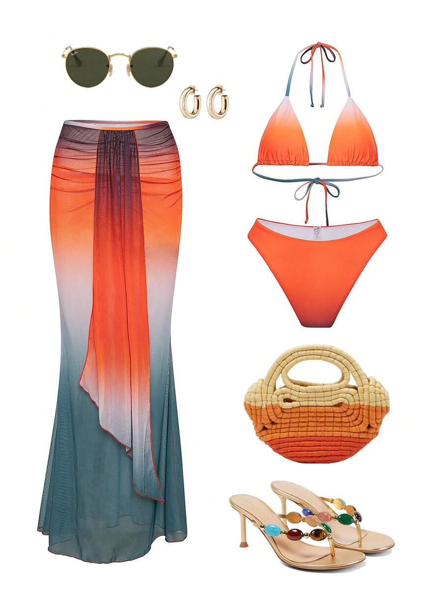 女士泳衣泳装女士沙滩装女比基尼套装3件套泳衣沙滩裙夏季海边女装沙滩休闲套装性感女泳装套装夏季度假 - 彩色 - 查看 1