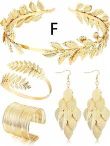 4-16件复古希腊女神串珠套装，极简波西米亚朋克希腊手链，上臂袖口可调节手链套装。套装包含女士金色月桂叶皇冠头饰、上臂环状手链、珍珠叶形吊坠耳环、仿珍珠耳环、项链，以及新娘婚纱。 - 金黃色 - 查看 3