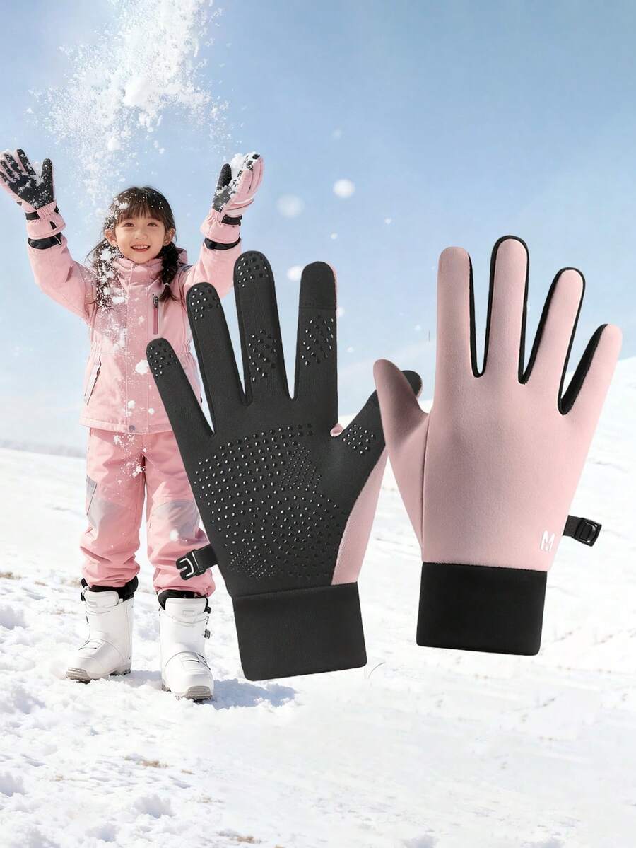 1 Pair Children's Winter Fleece Lined Sports Gloves, Thickened Warm Five-Finger Gloves With Ribbed Cuffs, Suitable For Skiing, Cycling, Daily Outdoor Warmth