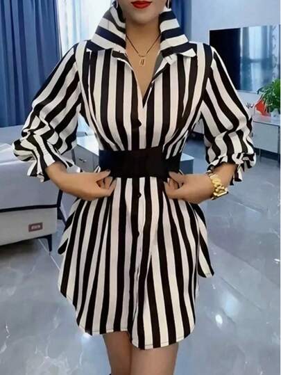 Striped And Contrasting Color Casual, Elegant And Casual, Front Pleated Lace/Ruffled Button Mid-Length Dress For Women, Office Daily Wear