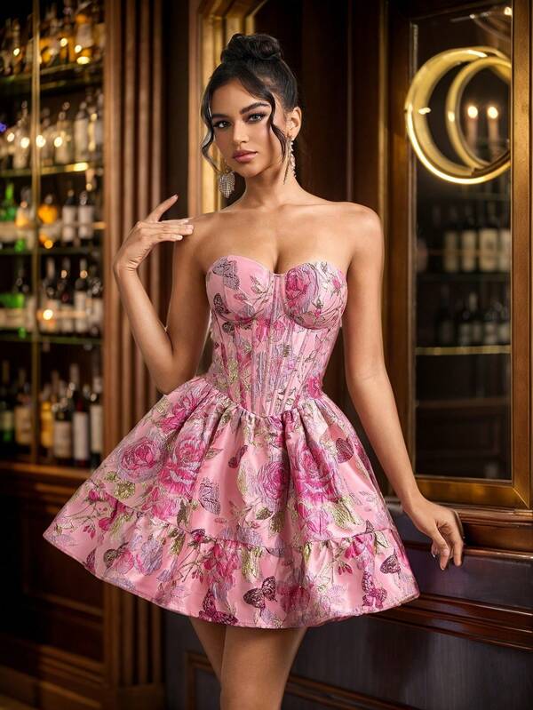 Pink Cute Princess Mini Skirt, Sexy Luxurious Jacquard Party Cocktail Dress, A-Line Silhouette Suitable For Birthday Party, Cocktail Events