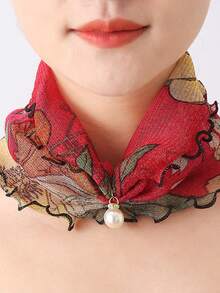 1件仿珍珠吊坠围巾项链印花蕾丝领口雪纺假领连衣裙 - 黑與白 - 查看 16