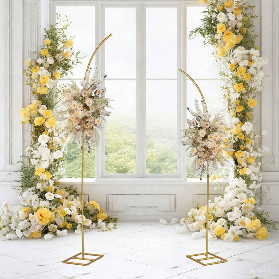 2 Pieces Gold Curved Top Wedding Arch Frame, Metal Arch Backdrop Stand For Ceremony, Birthday, Anniversary, Bridal Shower, Floral Stand Decoration - Sơn Vàng - Xem 1