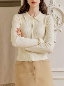 Sweaters For Women Simple Double-Zip Ribbed Cardigan, Slim-Fit And Figure-Flattering, High-Stretch Knitted, Elegant Solid-Color With Zipper, Classic Collegiate-Style Women's Cardigan - Apricot - View 3