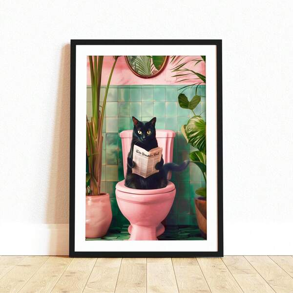 1 pieza, Arte de pared de lienzo, Arte de pared enmarcado, Póster de gato negro juguetón usando el inodoro, Decoración de baño, Arte de pared, Pósteres, Arte de pared con marco, Decoración del hogar, Arte de pared de lienzo - Perfectamente adecuado para la decoración de la habitación, la decoración del dormitorio, la decoración de la sala de estar, el arte de pared, el lienzo del póster (marco opcional)