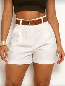 Women's High-Waisted Shorts With Pocket And Belt - Brown - Summer Fashion - 白色 - 查看 1