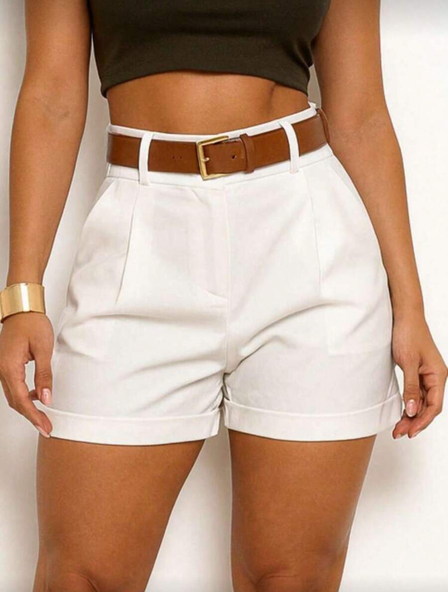 Women's High-Waisted Shorts With Pocket And Belt - Brown - Summer Fashion - 白色 - 查看 1
