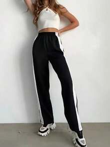 美式直筒裤，宽松街头休闲裤，松紧腰运动裤，黑白条纹侧边纽扣开合，阔腿慢跑裤 - 黑色 - 查看 3
