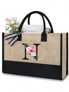 Juego de bolsas de lona con iniciales florales negras de la A a la Z, incluye bolsa de almacenamiento de maquillaje, bolsa de regalo personalizada, adecuada para boda, cumpleaños, playa, vacaciones, escuela, es un gran regalo para mujeres, mamá, maestros, amigos, damas de honor, estudiantes, bolsa grande, artículos de primera necesidad, regalos perfectos para vacaciones, cumpleaños, Acción de Gracias, Pascua, Navidad