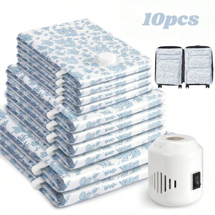 10pcs Vacuum Storage Bags Clothes Organizer Bags Travel Luggage Compression Bags,Ideal Home Supplies Space Saver Storage Bags,Suitable For Home, Apartment & Travel Use, Reusable - 10pcs藍花 - 查看 1