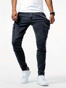 NIUYUNHENGTONG 男士时尚工装口袋褶裥休闲牛仔裤 - 灰色 - 查看 2