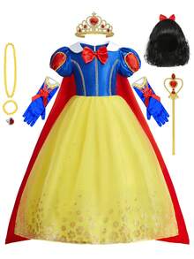 10件套蓝黄短袖蝴蝶结领女童连衣裙、披风、假发及配饰套装，儿童圣诞派对节日服装 - 藍黃色 - 查看 12