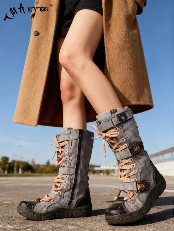  1 Pair TMA EYES Vintage Style Handcrafted Stitching & Handmade Leather + PU Patchwork Distressed Leather Upper, PU Faux Fur Lining, Jacquard Shoelaces, Closure, Side Zipper, Non-Slip Comfortable Cold-Proof Outdoor Casual Plus Size Wide Fit Women Ankle Boots