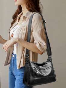 Women's Fashion Simplicity Retro Multi Pocket Large Capacity Handbag Crossbody BagsShoulder Soft Leather Bag - Black - View 12