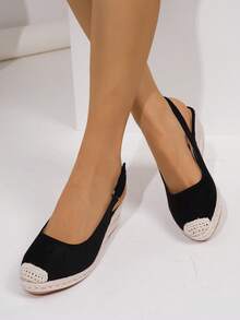 Women's Solid Color Slingback Casual Retro Wedge Platform Slingback Shoes - Black - View 3
