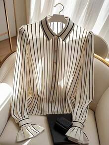 Women's Striped Collar Ruffle Cuff Single-Breasted Casual Versatile Commuting Long Sleeve Shirt - Mixed Colors - View 1
