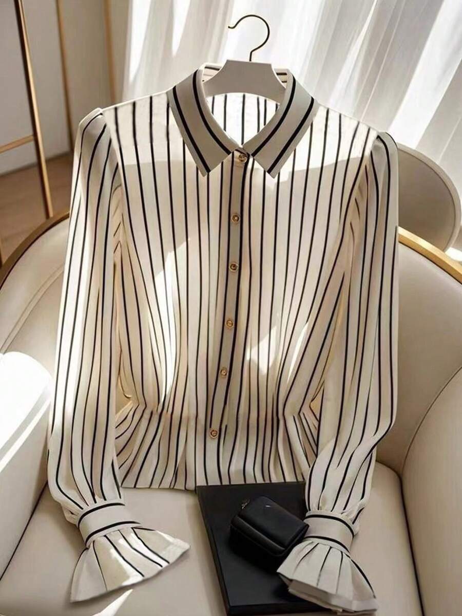 Women's Striped Collar Ruffle Cuff Single-Breasted Casual Versatile Commuting Long Sleeve Shirt - Mixed Colors - View 1