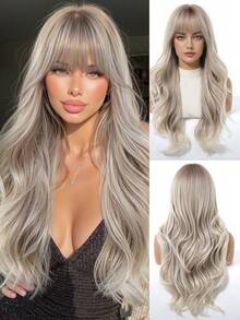 28-Inch Gray Ombre Wavy Wigs For Women With Bangs Long Natural Synthetic Hair Wig Daily Cosplay Heat Resistant - Màu xám ombre - Xem 2