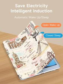 旅行风插画图案平板电脑保护套，兼容 iPad 9.7/10.2/10.5/10.9/12.9/Pro 11（第十代），兼容三星 Galaxy Tab S6 Lite 10.4 英寸，兼容 Kindle Paperwhite 第十二代（2024 年款），Kindle（第十一代）（2022 年款），柔软防震，智能支架/自动唤醒/睡眠功能