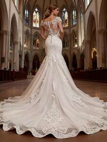 Vestido de novia de encaje de sirena glamoroso fuera del hombro, Aplicados de encaje, Tren largo, Vestido de novia, Vestidos de novia para la novia, Elegante y cómodo, Adecuado para la boda, Fiesta, Vacaciones, Novia, Ocasiones formales, Vestido de cena, Vestido de baile, Vestido después de la fiesta, Vestido de regreso a casa, Fiesta de cóctel, Fiesta de cumpleaños, Ceremonia - Blanco - Ver 3