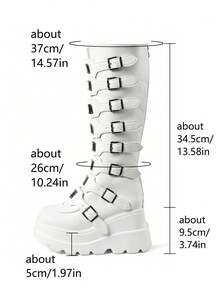 Women's Y2K Goth Knee High Boots Fashion Cosplay Punk Metal Buckle Wedges High Heels Back Zipper Round Toe Platform Boots - trắng - Xem 7