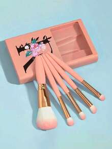 5件套粉色便携式化妆刷套装，带镜子，粉色花卉和黑色字母A-S，盒装化妆刷套装，多功能化妆刷带镜盒，迷你多功能化妆刷，粉底刷，眼影刷，初学者化妆工具晕染刷化妆收纳盒，包含化妆刷。 - 彩色 - 查看 7