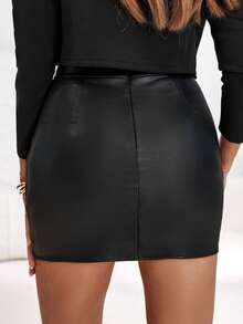 ChicMe 女式 PU 皮革镂空蕾丝图案拉链后背紧身迷你裙纯色性感优雅休闲装，适合俱乐部派对 - 黑色 - 查看 8