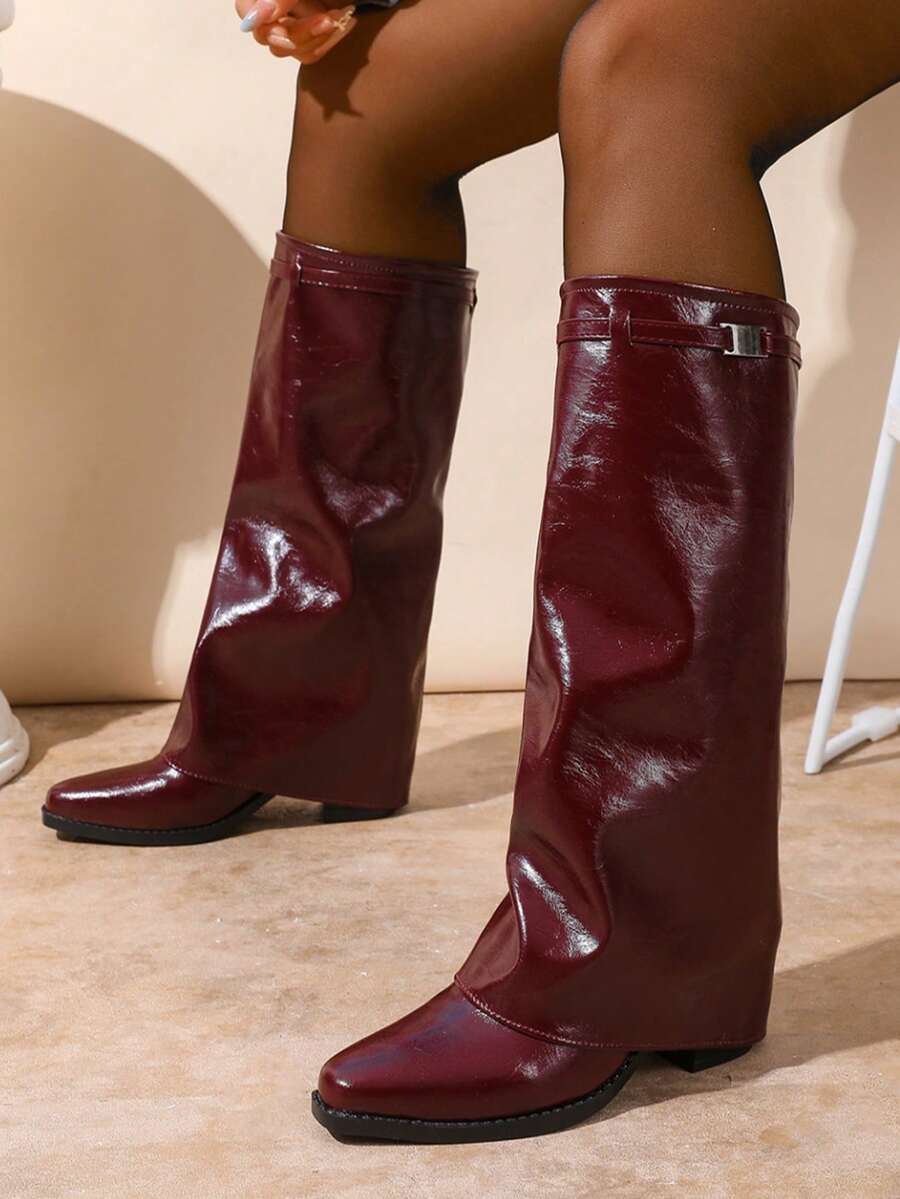 女士粗跟酒红色过膝套穿靴，中跟纯色时尚百搭裤靴，褶皱秋冬新款女士时尚靴，亮面皮革材质骑马靴，摩托车靴，高筒靴，欧式搭扣设计双层材质靴，酒红色时尚靴，非过膝女靴 - 酒紅色 - 查看 1