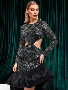 Women's Round Neck Long Sleeve Waist Hollow Out Sequin Patchwork Ruffle Hem Asymmetrical Hem Party Evening Dress - Black - View 2